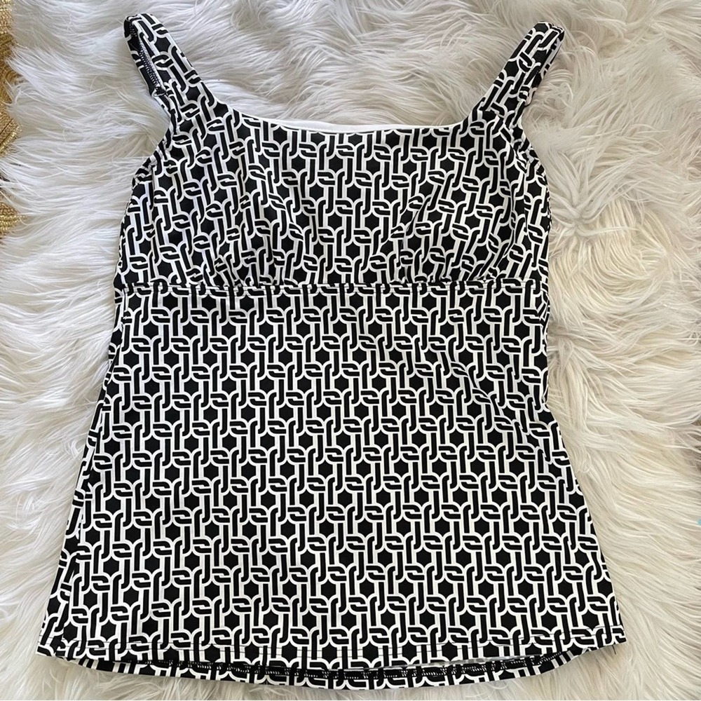 Lands End Black White Underwire Preppy Coastal Tankini Swimsuit Swim Top 10 L.